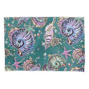 Underwater Teal Luxe Green Pastel Gold Seashells Pillow Case