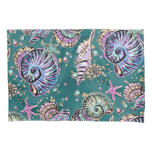 Underwater Teal Luxe | Green Pastel Gold Seashells Pillow Case (Front)
