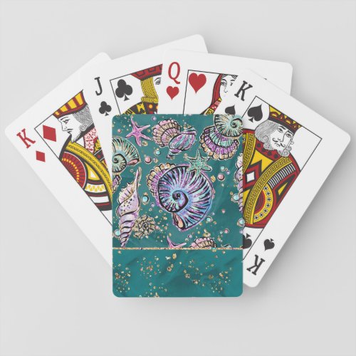 Underwater Teal Luxe  Green Pastel Gold Seashells Playing Cards