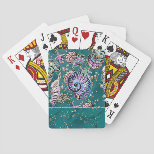 Underwater Teal Luxe Green Pastel Gold Seashells Poker Cards