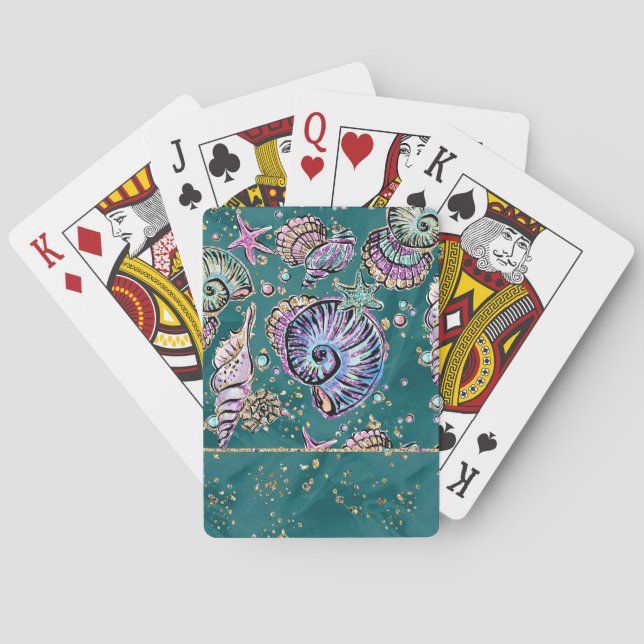 Underwater Teal Luxe | Green Pastel Gold Seashells Poker Cards (Back)