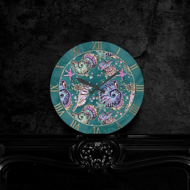 Underwater Teal Luxe | Green Pastel Gold Seashells Round Clock (Creator Uploaded)