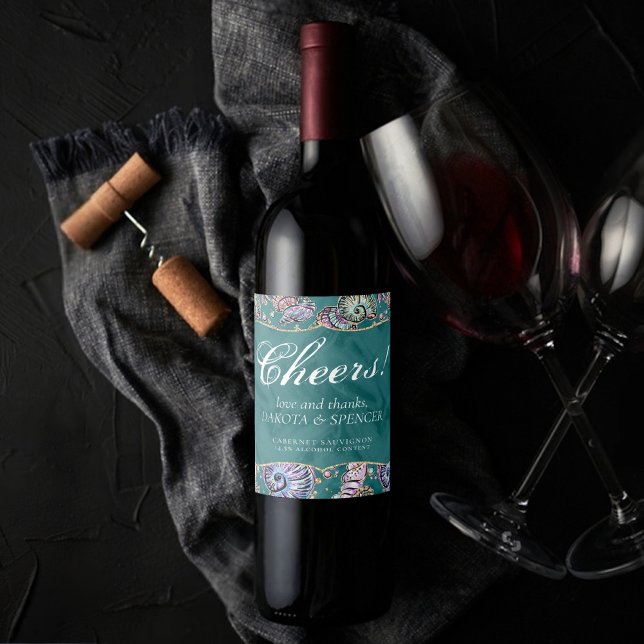 Underwater Teal Luxe | Green Pastel Gold Seashells Wine Label (Creator Uploaded)