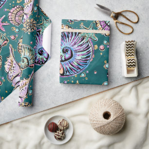 Underwater Teal Luxe Green Pastel Gold Seashells Wrapping Paper
