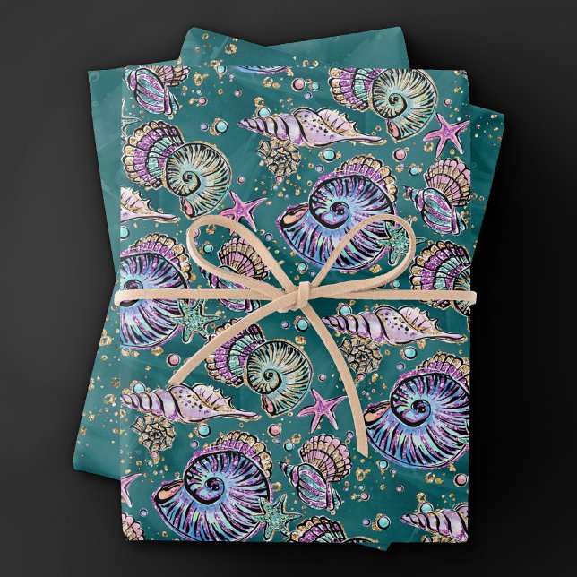 Underwater Teal Luxe | Green Pastel Gold Seashells Wrapping Paper Sheets (Creator Uploaded)