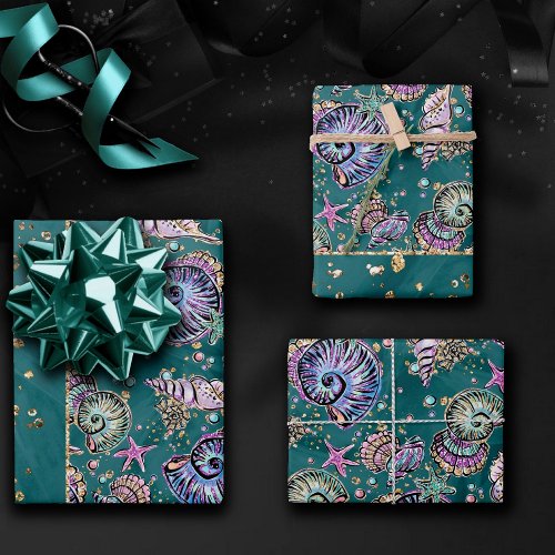 Underwater Teal Luxe  Green Pastel Gold Seashells Wrapping Paper Sheets