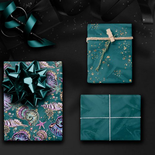 Underwater Teal Luxe  Green Pastel Gold Seashells Wrapping Paper Sheets