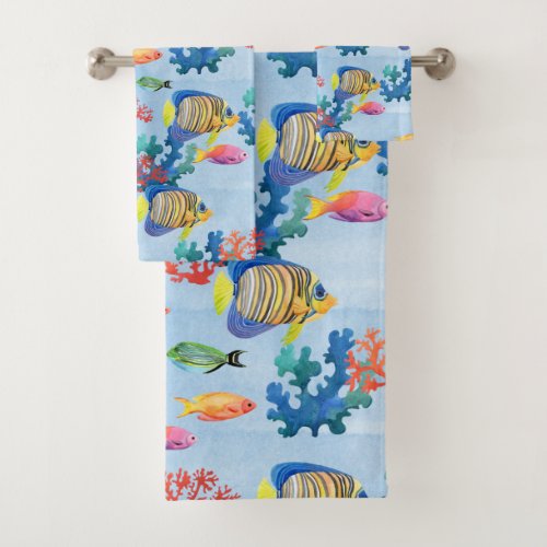 Underwater Tropical Fish Watercolor Coral Scene Bath Towel Set