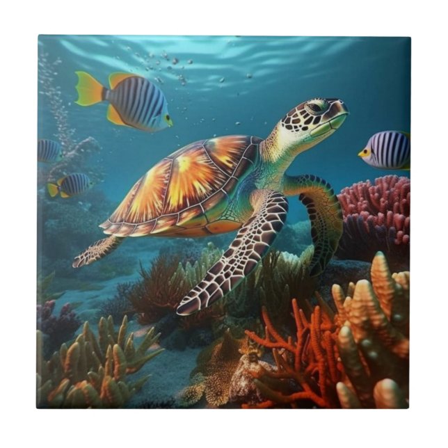 Underwater Turtle Swimming Ocean Ceramic Tiles (Front)