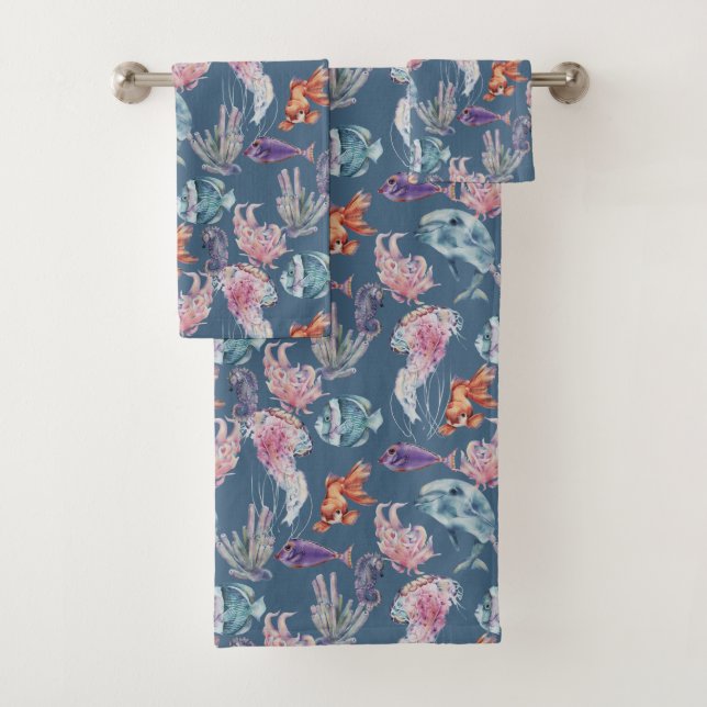 Underwater Watercolor Composition Series Design 2 Bath Towel Set (Insitu)