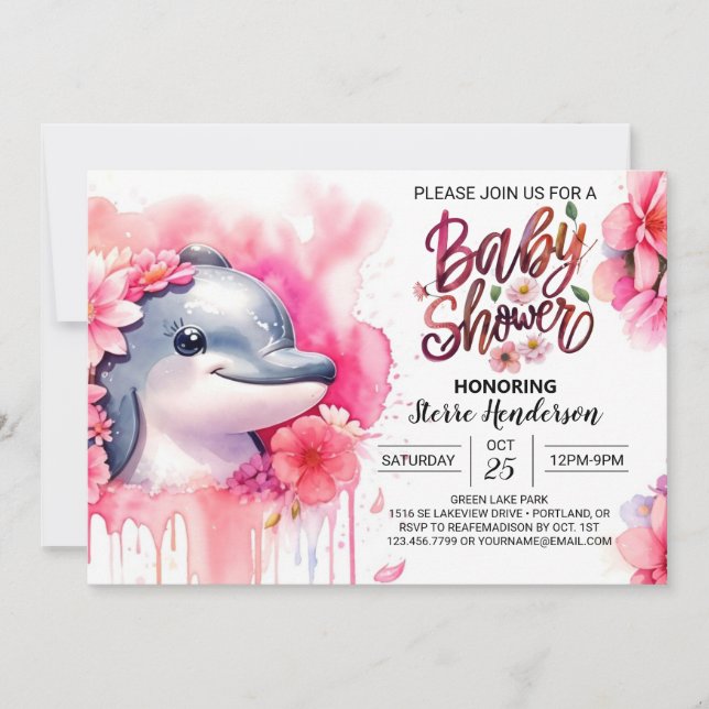 Underwater Whimsy Dolphin Girl Baby Shower Invitation (Front)