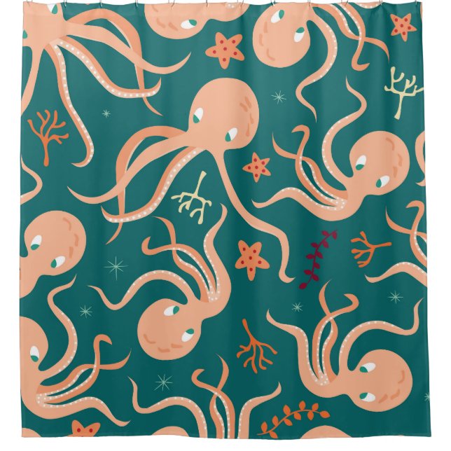 Underwater Wonders: Octopus Starfish Dance Shower Curtain (Front)