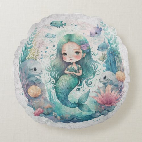  underwater world Mermaid in seaweed Round Pillow