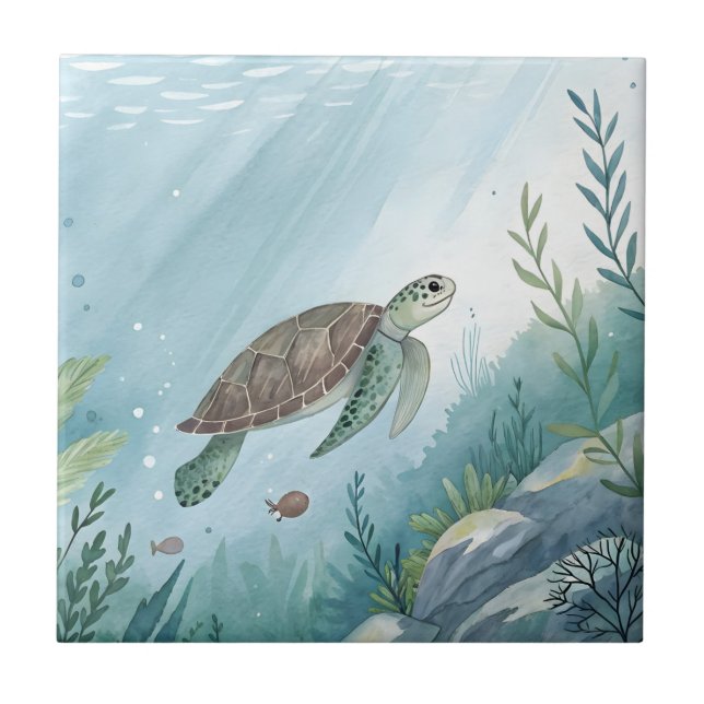 Underwater world with turtle ceramic tile (Front)