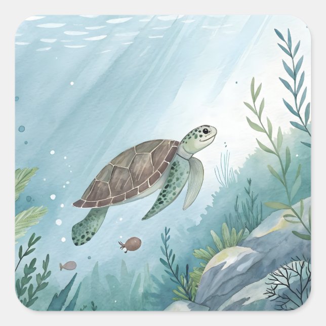 Underwater world with turtle square sticker (Front)