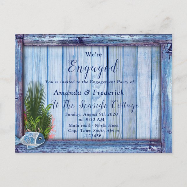 Underwater worlds & Blue-wood texture Engagement Invitation Postcard (Front)