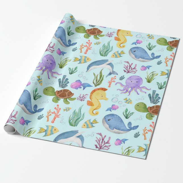 Underwater wrapping paper, ocean sea creatures wrapping paper (Unrolled)
