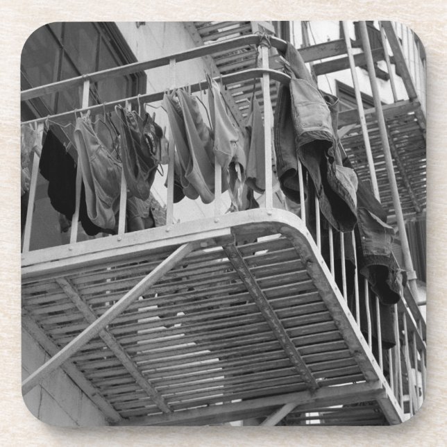 Underwear Out To Dry Black and White Laundry Photo Beverage Coaster (Front)