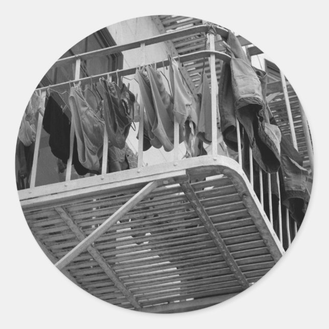 Underwear Out To Dry Humor Black and White Photo Classic Round Sticker (Front)