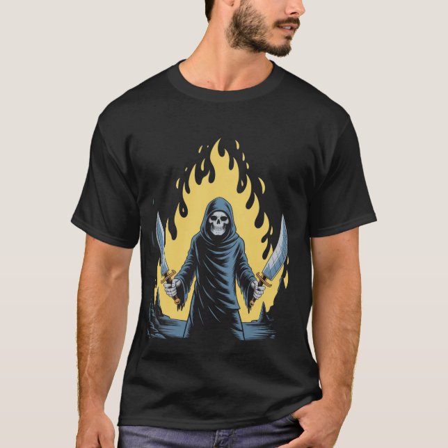 Underworld Reaper Skeleton Art Dual Blade Hellfire T-Shirt (Front)