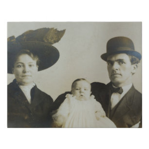 Uneasy Daddy in Bowler Family RPPC B&W Photo Image Faux Canvas Print