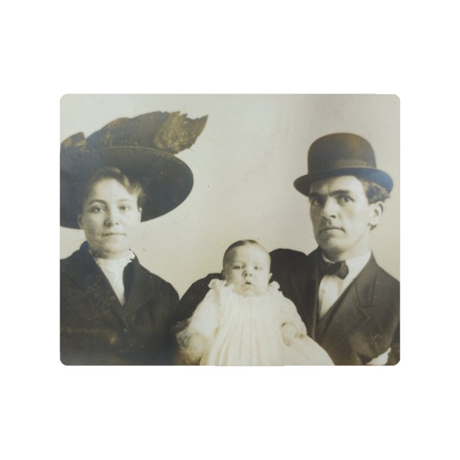 Uneasy Daddy in Bowler Family RPPC B&W Photo Image Metal Print (Front)