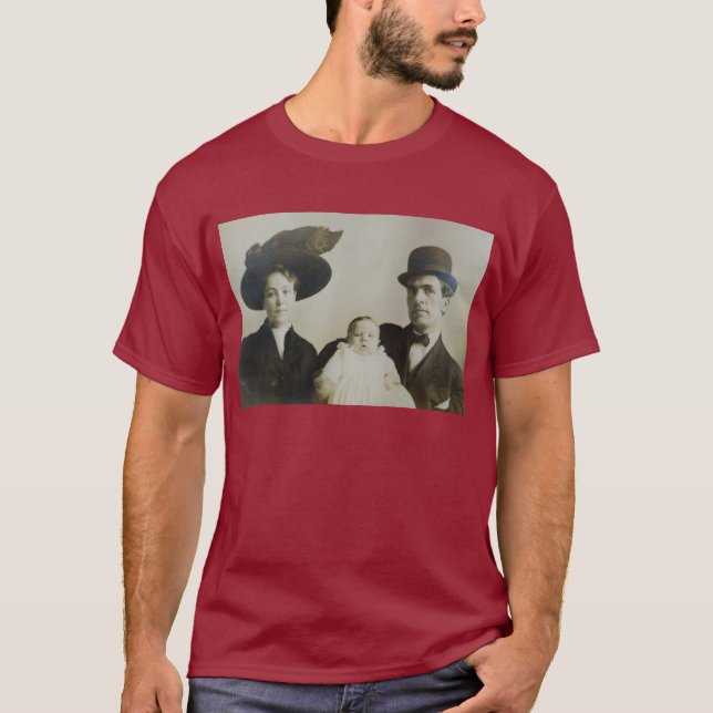 Uneasy Daddy in Bowler Family RPPC B&W Photo Image T-Shirt (Front)