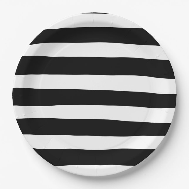 Uneven Stripes - Black and White Paper Plates (Front)