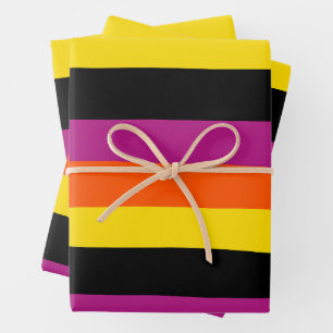 Uneven Stripes - Black, Pink, Orange and Yellow Wrapping Paper Sheets