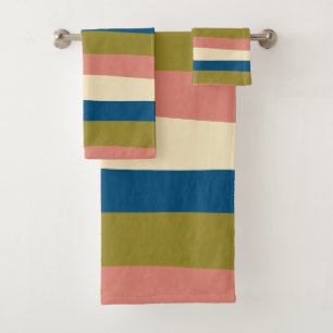 Uneven Stripes - Blue, Olive Green, Pink and Cream Bath Towel Set