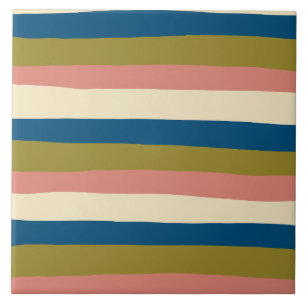 Uneven Stripes - Blue, Olive Green, Pink and Cream Ceramic Tile