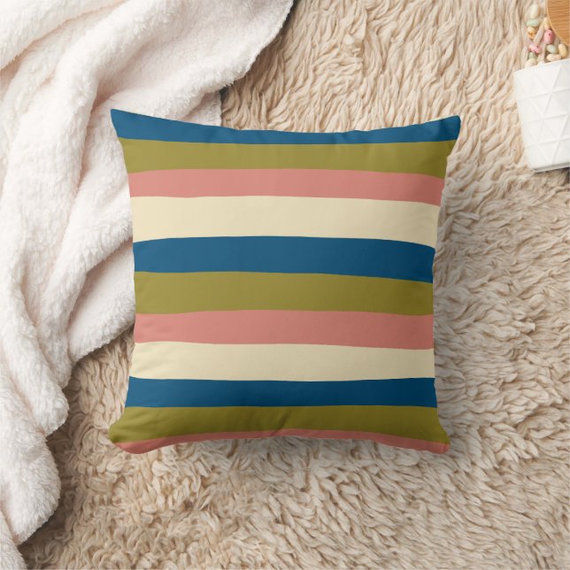 Uneven Stripes - Blue, Olive Green, Pink and Cream Throw Pillow (Blanket)