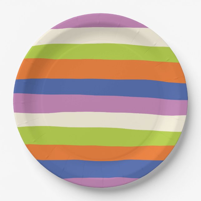 Uneven Stripes - Blue, Orange, Purple, Green, and  Paper Plates (Front)