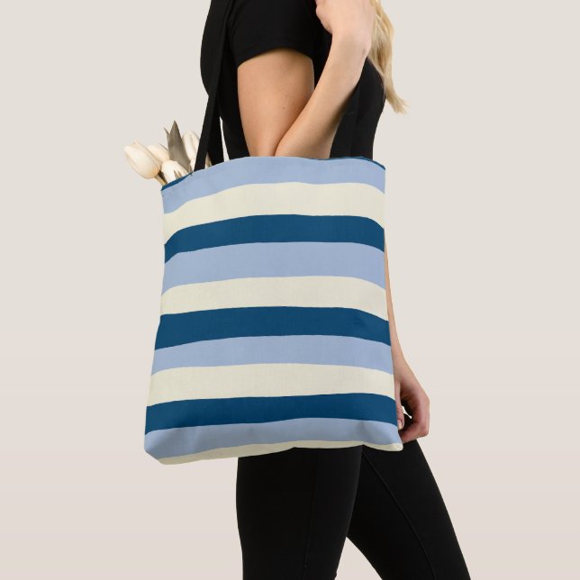 Uneven Stripes - Dark Blue, Light Blue and Cream Tote Bag (Close Up)