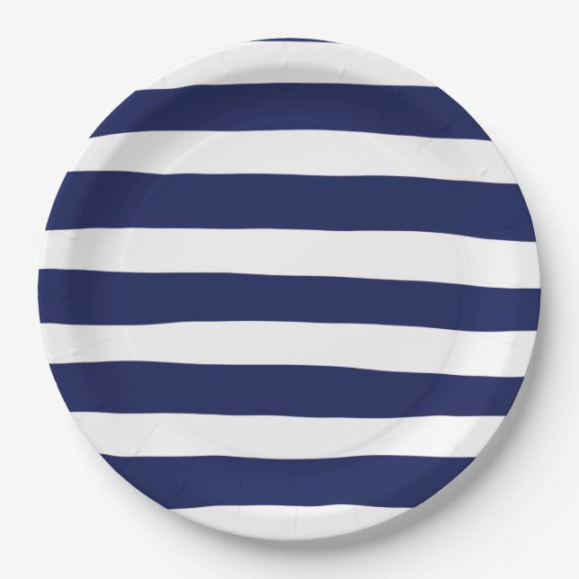 Uneven Stripes in Blue and White Paper Plates (Front)