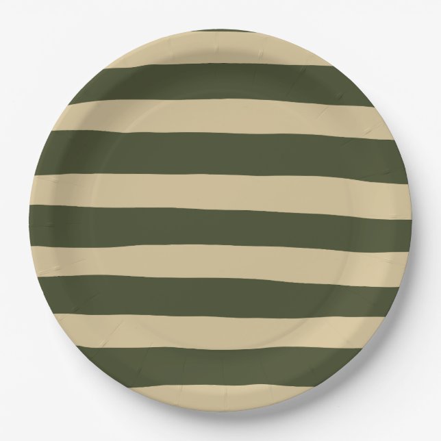 Uneven Stripes in Khaki and Green Paper Plates (Front)