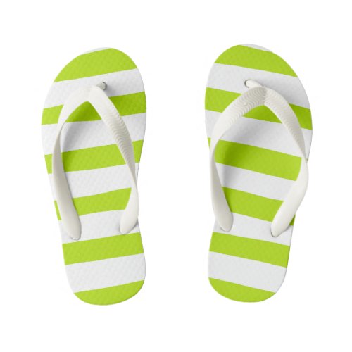 Uneven Stripes in Lime Green and White Kids Flip Flops