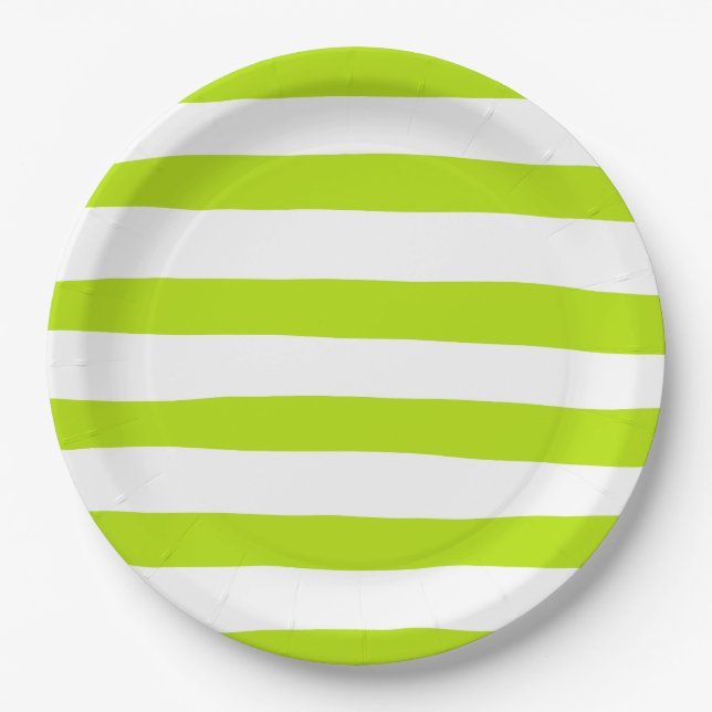 Uneven Stripes in Lime Green and White Paper Plates (Front)