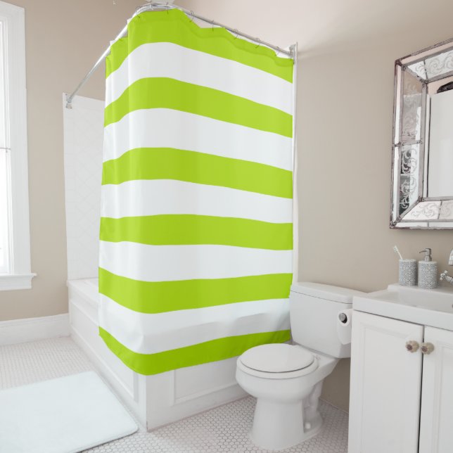 Uneven Stripes in Lime Green and White Shower Curtain (In Situ)