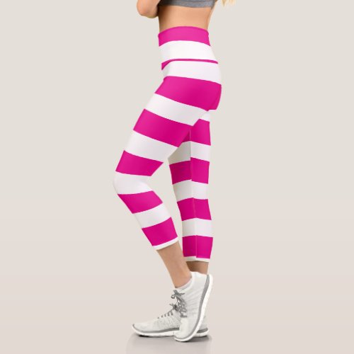 Uneven Stripes in Magenta and White  Capri Leggings