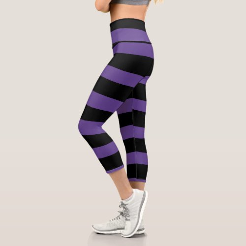 Uneven Stripes in Purple and Black Capri Leggings
