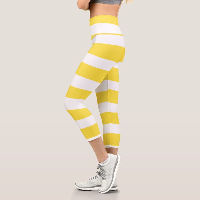 Uneven Stripes - Lemon Yellow and White Capri Leggings (Left)