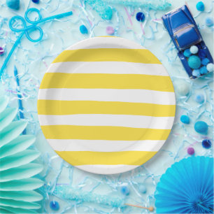 Uneven Stripes - Lemon Yellow and White Paper Plates