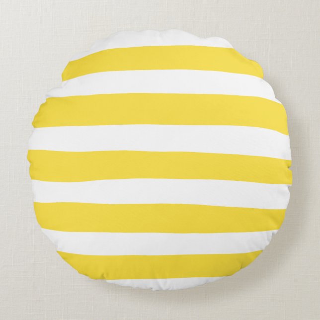 Uneven Stripes - Lemon Yellow and White Round Pillow (Front)