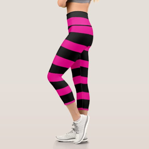 Uneven Stripes _ Magenta and Black Capri Leggings