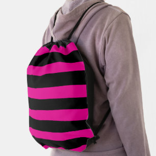 Uneven Stripes - Magenta and Black Drawstring Bag