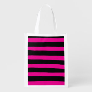 Uneven Stripes - Magenta and Black Grocery Bag