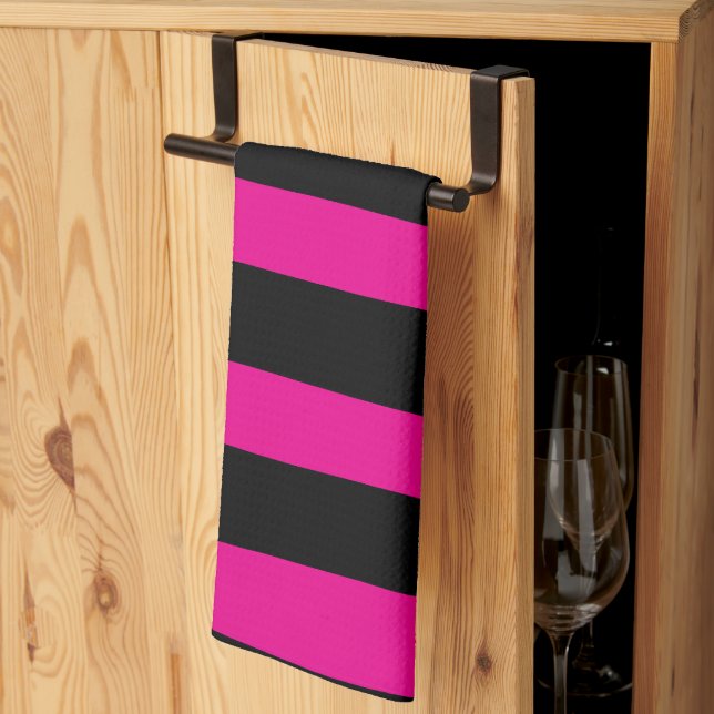 Uneven Stripes - Magenta and Black Kitchen Towel (Thirds Fold)
