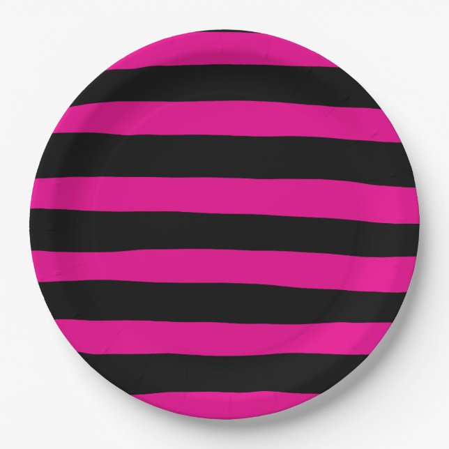 Uneven Stripes - Magenta and Black Paper Plates (Front)