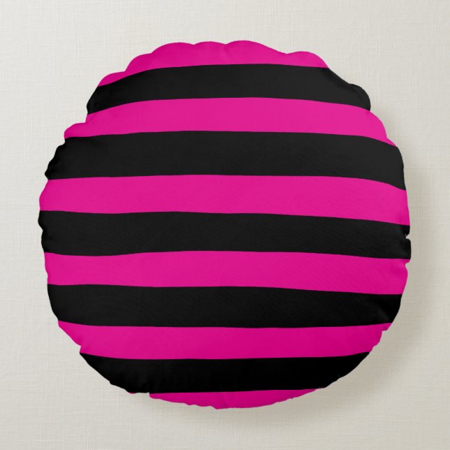 Uneven Stripes - Magenta and Black Round Pillow (Front)
